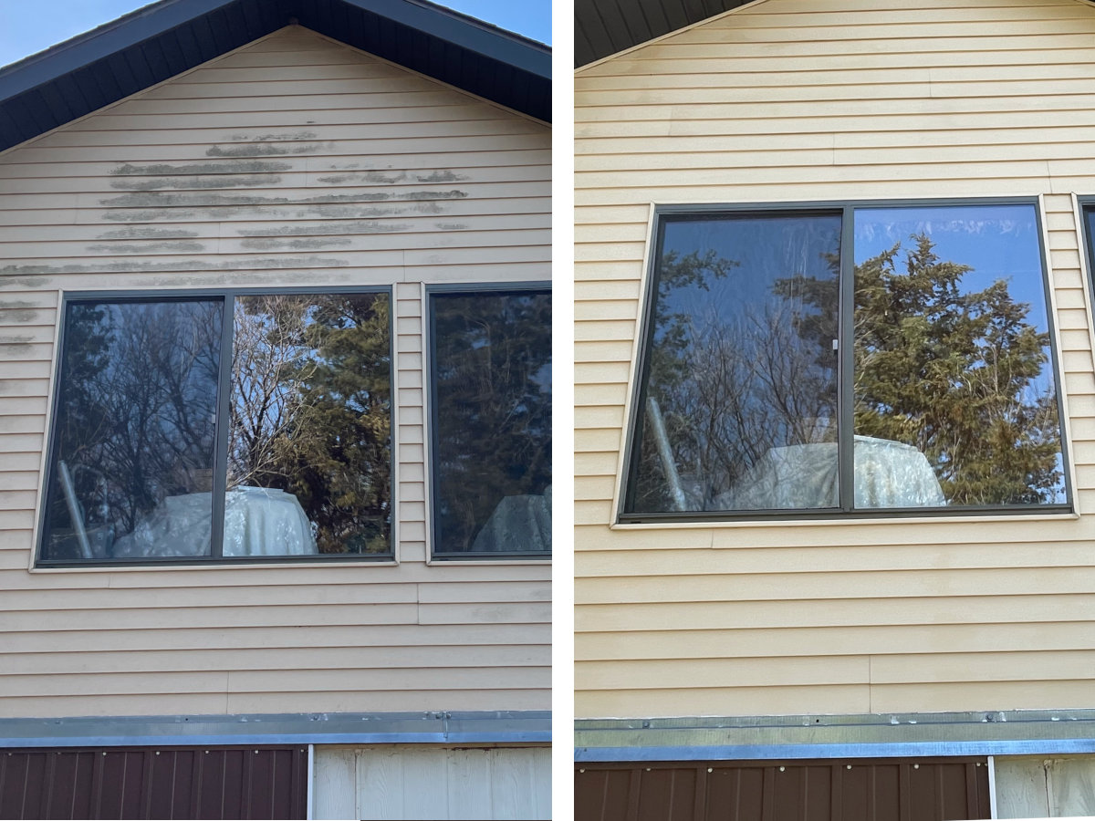 House exterior before and after pressure washing